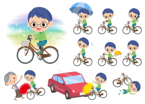 Ropa verde gafas niño paseo en bicicleta de la ciudad — Vector de stock