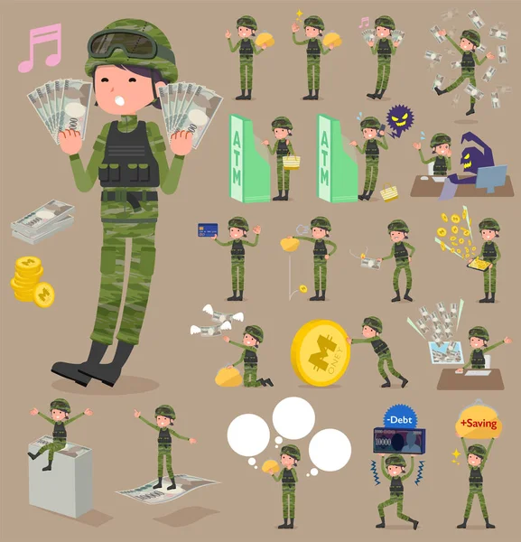 Plochý typ vojenské oblečení woman_money — Stockový vektor