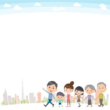 Üç kuşak aile tutan el yürüyüş şehir beyaz geri