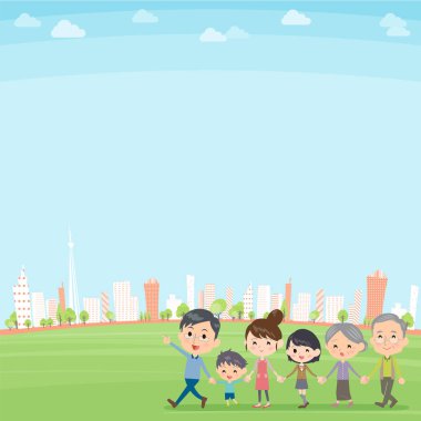 Üç kuşak aile tutan el yürüyüş şehir