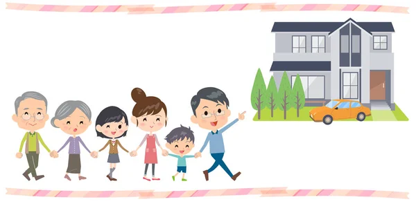 Familia de la mano tres generaciones Walking House tour — Vector de stock