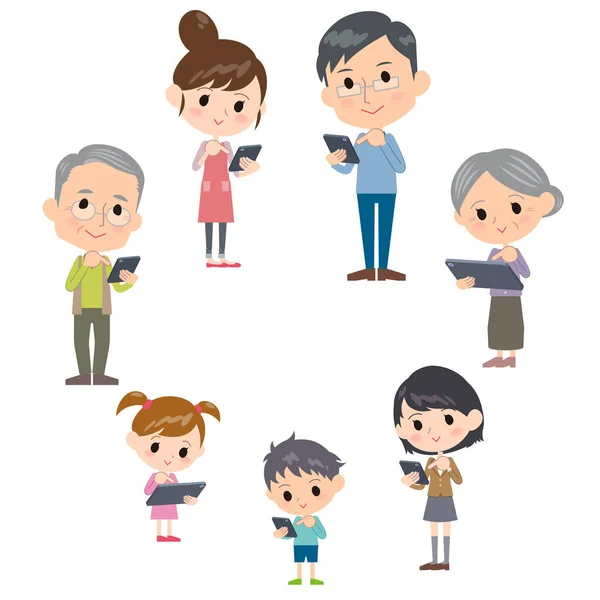 Drie generaties internet communicatie smartphone gezinstafel — Stockvector