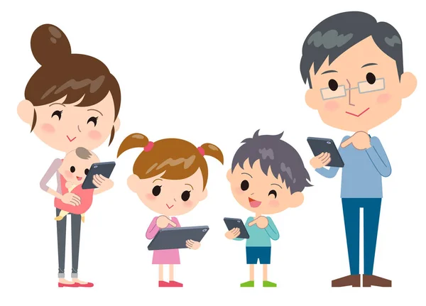Família 2 gerações internet comunicação smartphone tablet wi —  Vetores de Stock