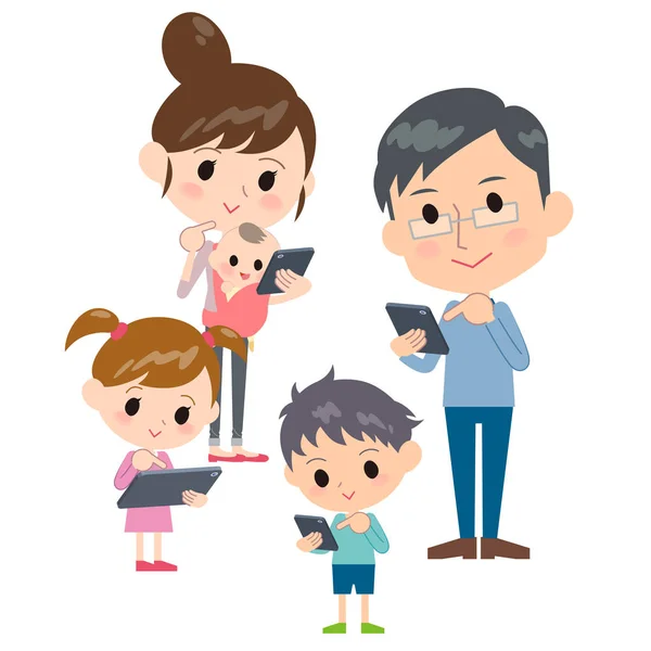 Familie 2 generaties internet communicatie smartphone tablet ga — Stockvector