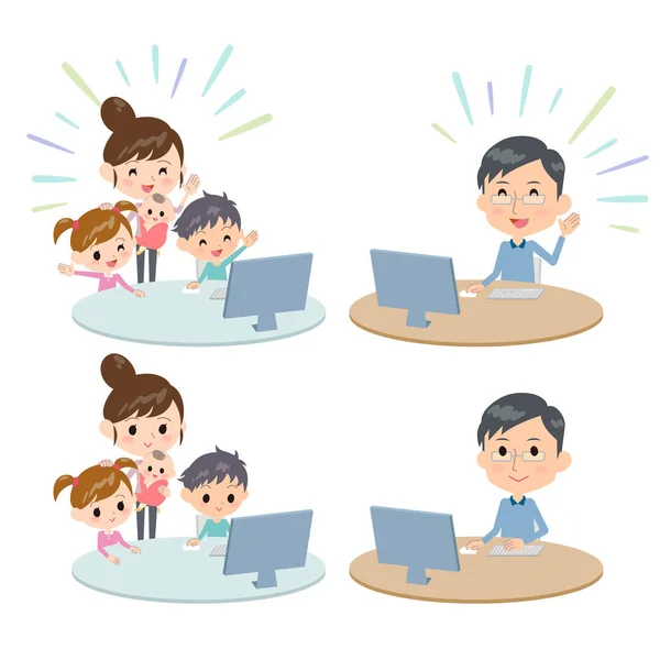 Familia 2 generaciones comunicación por Internet Remoto — Vector de stock