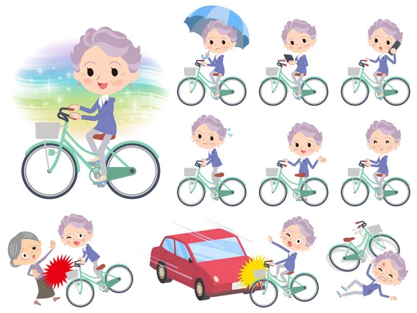 Azul una pieza vieja mujer _ ciudad bicicleta — Vector de stock