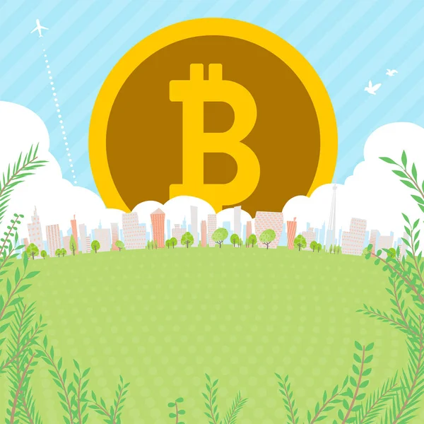 Bitcoin Townscape de volta imagem illustration _ green square — Vetor de Stock
