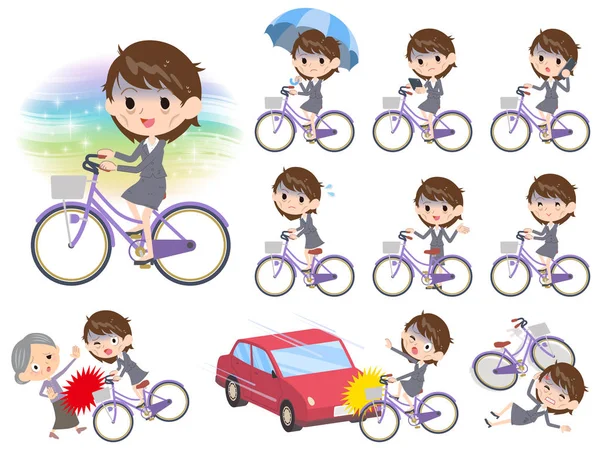 Traje gris mujer de negocios Mala condición _ ciudad bicicleta — Vector de stock