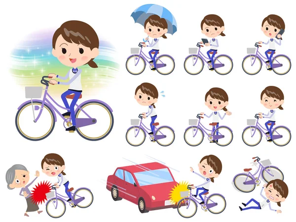 Tienda personal Azul uniforme mujer _ ciudad bicicleta — Vector de stock