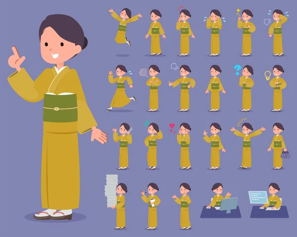 Tipo plano amarillo ocre kimono mujeres _ 1 — Vector de stock