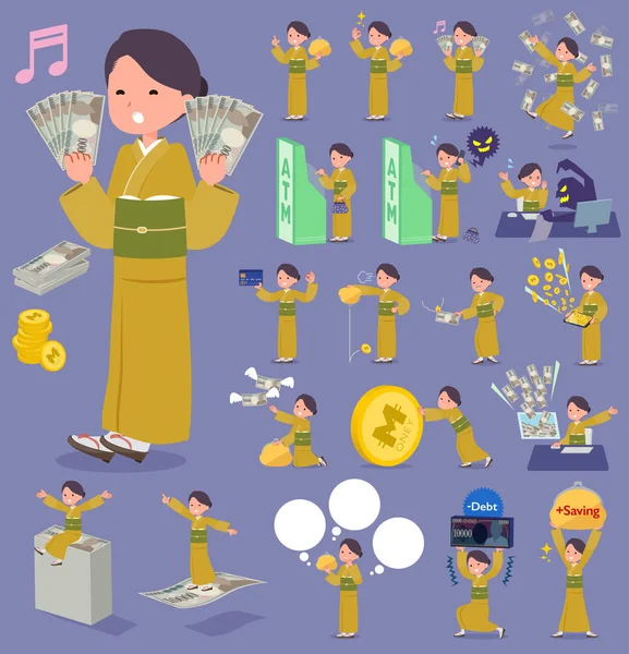 Tipo plano amarillo ocre kimono women _ money — Vector de stock