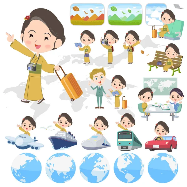 기모노 노란 황토 women_travel — 스톡 벡터