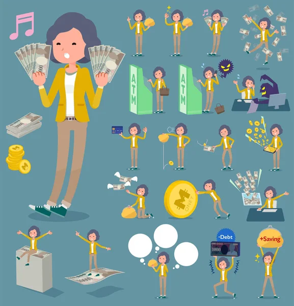 Flat type Chaqueta amarilla Middle women _ money — Vector de stock