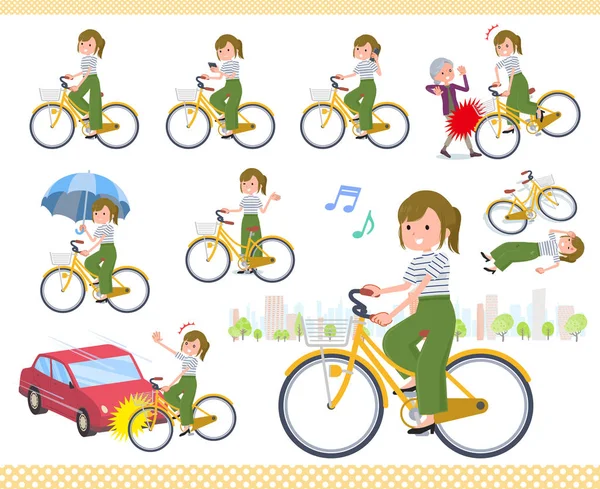 Düz haki rengi geniş pantolonlu kadınlar _ şehir bisikleti — Stok Vektör