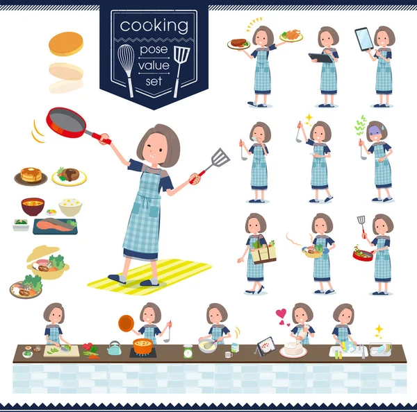 Tipo plano Vestido azul marino women _ cooking — Vector de stock