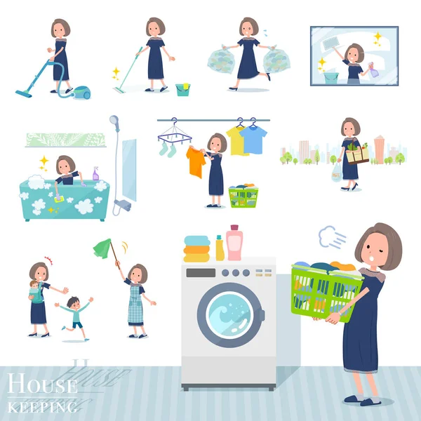 Flat type marine blauwe jurk vrouwen _ housekeeping — Stockvector