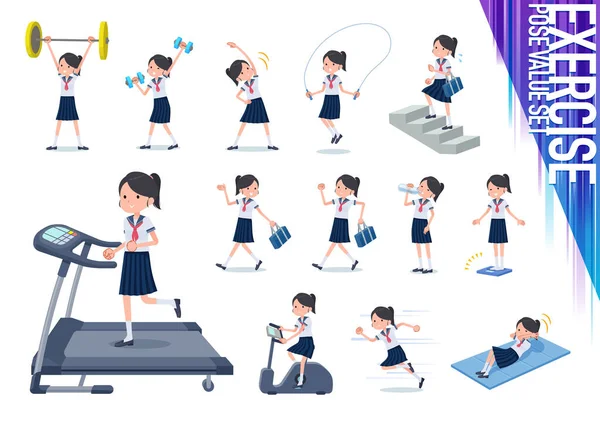 Flat type school girl Traje marinero summer _ exercise — Vector de stock