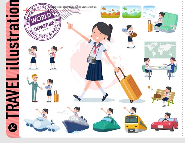 Flat type school girl Sailor suit summer _ travel — стоковый вектор