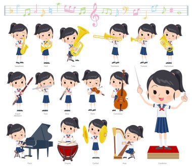 Klasik müzik performanslarında denizci kostümlü bir kız. String enstrümanları ve rüzgar enstrümanları gibi çeşitli enstrümanları çalmak için eylemler var. Bu vektör sanatı bu yüzden düzenlemek kolay.