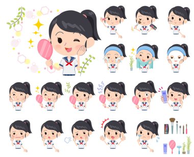 Bir takım denizci kız kıyafetleri. Cilt bakımı ve makyaj gibi çeşitli hareketler var. Bu vektör sanatı, bu yüzden düzenlemesi kolay.