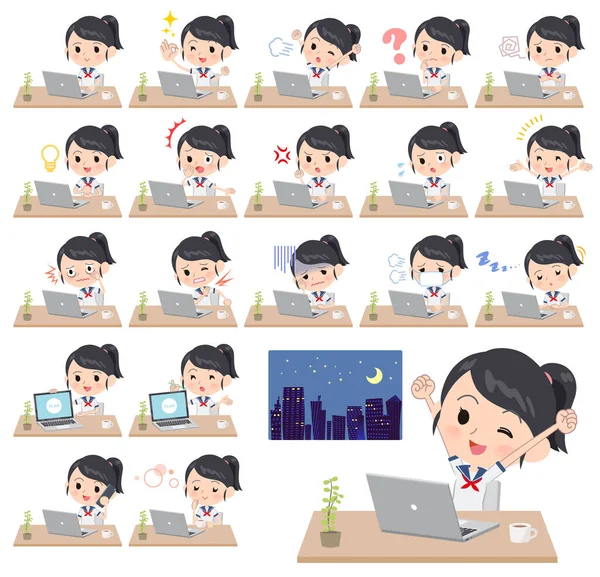 Set Sailor Suit Girl Desk Work Various Actions Feelings Fatigue — Stock Vector