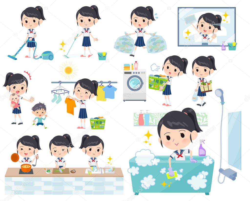 A set of sailor suit girl related to housekeeping such as cleaning and laundry.There are various actions such as cooking and child rearing.It's vector art so it's easy to edit