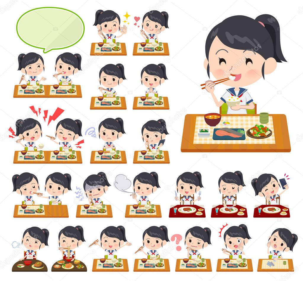 A set of sailor suit girl about meals.Japanese and Chinese cuisine, Western style dishes and so on.It's vector art so it's easy to edit