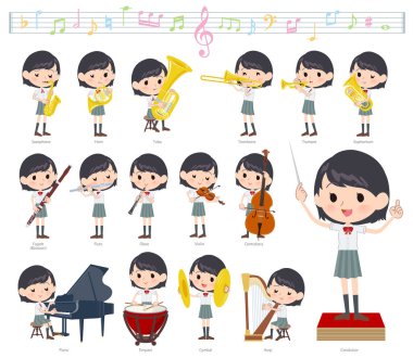 Klasik müzik performansları üzerine kısa kollu bir okul kızı. Telli çalgılar ve rüzgar enstrümanları gibi çeşitli enstrümanları çalmak için eylemler var. Bu vektör sanatı, bu yüzden düzenlemesi kolay.