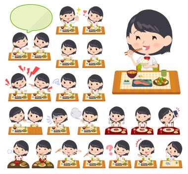 Kısa kollu okul kızlarının yemek takımı. Japon ve Çin mutfağı, Batı tarzı yemekler vesaire. Vektör sanatı, yani montajlaması kolay.