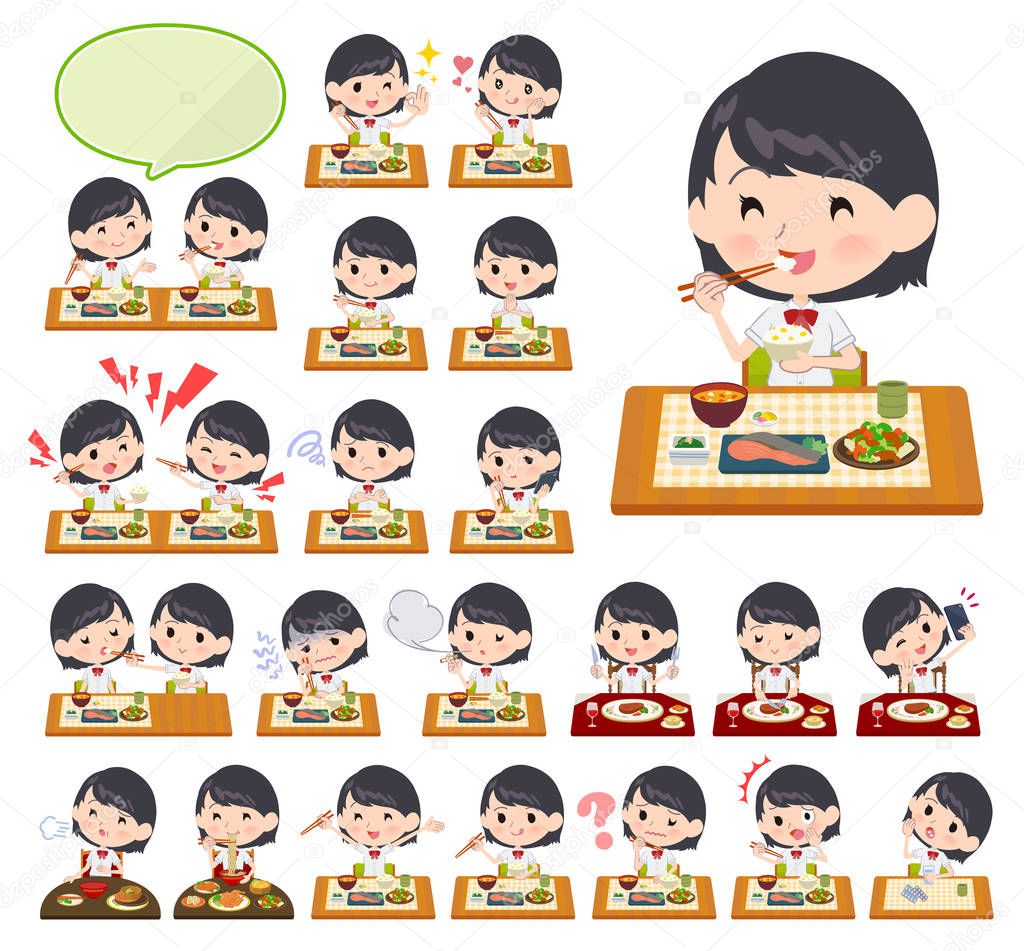A set of Short sleeve school girl about meals.Japanese and Chinese cuisine, Western style dishes and so on.It's vector art so it's easy to edit