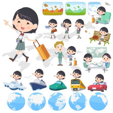 Bir grup kısa kollu okul kızı seyahat ediyor. Tekneler ve uçaklar gibi araçlar da var. Bu vektör sanatı bu yüzden düzenlemesi kolay.