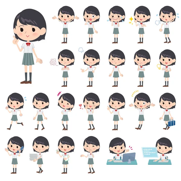 Set Short Sleeve School Girl Who Express Various Emotions Actions — стоковый вектор