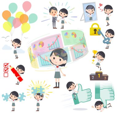 Başarı ve olumluluk üzerine kısa kollu liseli kızlar. İş ve çözüm üzerine de eylemler var. Vektör sanatı bu yüzden düzenlemek kolay.