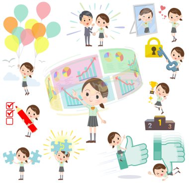 Başarı ve olumluluk üzerine kısa kollu liseli kızlar. İş ve çözüm üzerine de eylemler var. Vektör sanatı bu yüzden düzenlemek kolay.