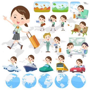Bir grup kısa kollu okul kızı seyahat ediyor. Tekneler ve uçaklar gibi araçlar da var. Bu vektör sanatı bu yüzden düzenlemesi kolay.