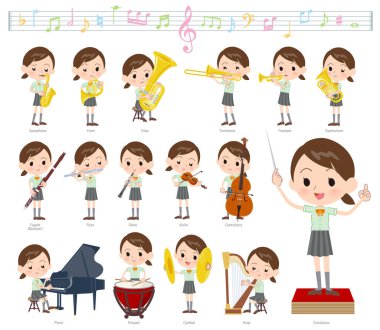 Klasik müzik performansları üzerine kısa kollu bir okul kızı. Telli çalgılar ve rüzgar enstrümanları gibi çeşitli enstrümanları çalmak için eylemler var. Bu vektör sanatı, bu yüzden düzenlemesi kolay.