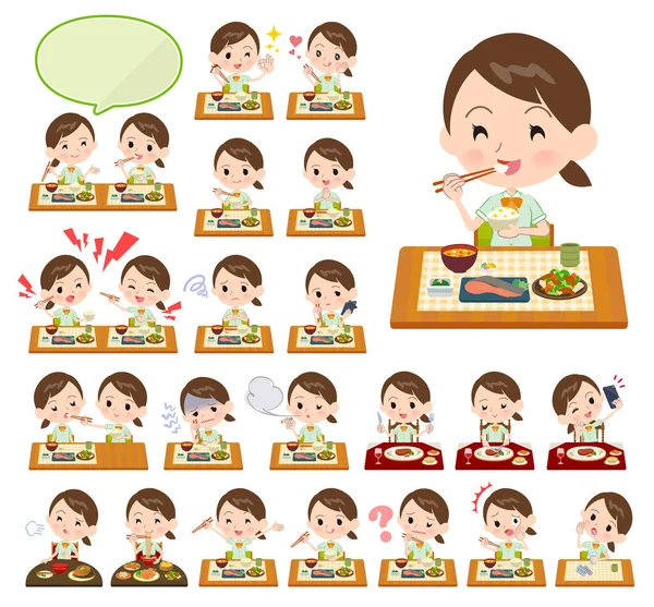 Een Set Van Korte Mouwen Schoolmeisje Maaltijden Japanse Chinese Keuken — Stockvector