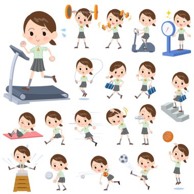 Spor ve egzersiz yapan bir grup kısa kollu kız. Vücudu sağlıklı hale getirmek için çeşitli hareketler var. Bu vektör sanatı, bu yüzden düzenlemesi kolay.