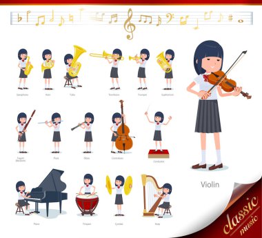 Klasik müzik performansları üzerine kısa kollu bir okul kızı. Telli çalgılar ve rüzgar enstrümanları gibi çeşitli enstrümanları çalmak için eylemler var. Bu vektör sanatı bu yüzden düzenlemek kolay.
