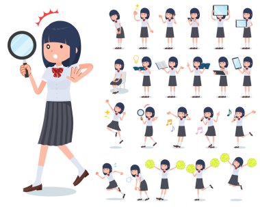 Akıllı telefonlar gibi dijital cihazları olan kısa kollu bir kız öğrenci. Duygularını ifade eden eylemler var. Bu vektör sanatı.