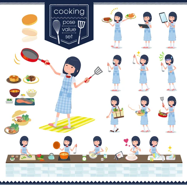 Aşçılıkla Ilgili Kısa Kollu Liseli Kızlar Mutfakta Değişik Şekillerde Yemek — Stok Vektör