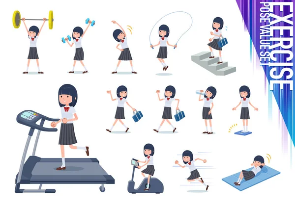 Set Short Sleeved School Girl Exercise Sport Various Actions Move — 图库矢量图片