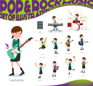 Bir grup kısa kollu okul kızı rock 'n' roll ve pop müzik çalıyorlar. Ukulele ve tef gibi çeşitli enstrümanlar da var. Bu vektör sanatı bu yüzden düzenlemesi kolay.