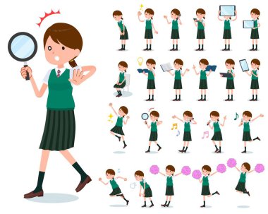 Akıllı telefonlar gibi dijital cihazları olan kısa kollu bir kız öğrenci. Duygularını ifade eden eylemler var. Bu vektör sanatı.