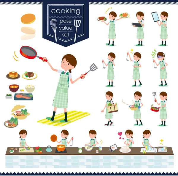 Aşçılıkla Ilgili Kısa Kollu Liseli Kızlar Mutfakta Değişik Şekillerde Yemek — Stok Vektör