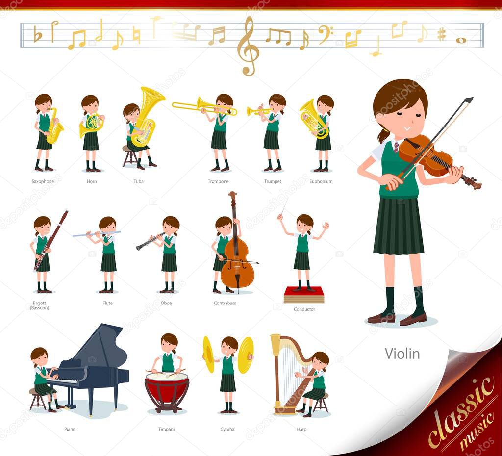 A set of Short sleeved school girl on classical music performances.There are actions to play various instruments such as string instruments and wind instruments.It's vector art so it's easy to edit