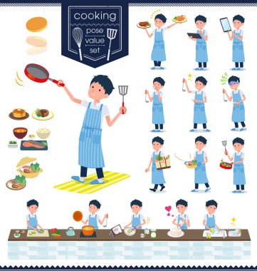 Aşçılıkla ilgili kısa kollu bir okul çocuğu. Mutfakta çeşitli şekillerde yemek pişiren hareketler var. Bu vektör sanatı, bu yüzden düzenlemesi kolay.