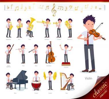 Klasik müzik performansları üzerine kısa kollu bir okul çocuğu. Telli çalgılar ve rüzgar enstrümanları gibi çeşitli enstrümanları çalmak için eylemler var. Bu bir vektör sanatı, bu yüzden düzenlemek kolay.