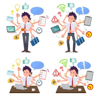 Ofiste birden fazla iş yapan bir grup kısa kollu öğrenci. Pürüzsüz ve panik halinde yapılacak şeyler var. Bu vektör sanatı.