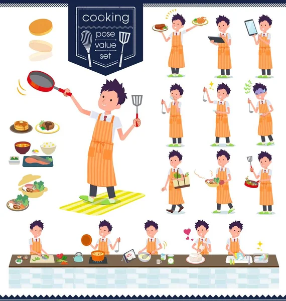 Aşçılıkla Ilgili Kısa Kollu Bir Okul Çocuğu Mutfakta Çeşitli Şekillerde — Stok Vektör